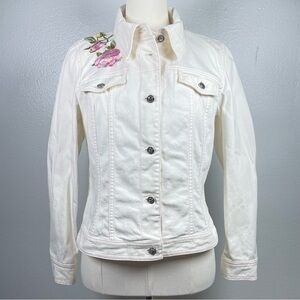 Escada White Cotton Denim Jacket Rose Embroidery & Pink Stitching US Small EU 36
